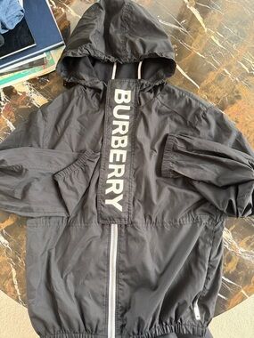 Burberry Black Hooded Windbreaker with Vertical Logo Placket